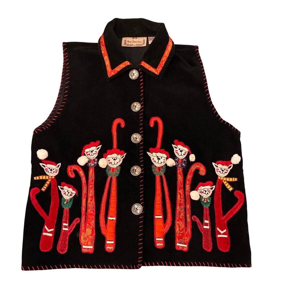 Vintage Christmas Vest‎ Cat Motif  M 1980s New Directions Embellished